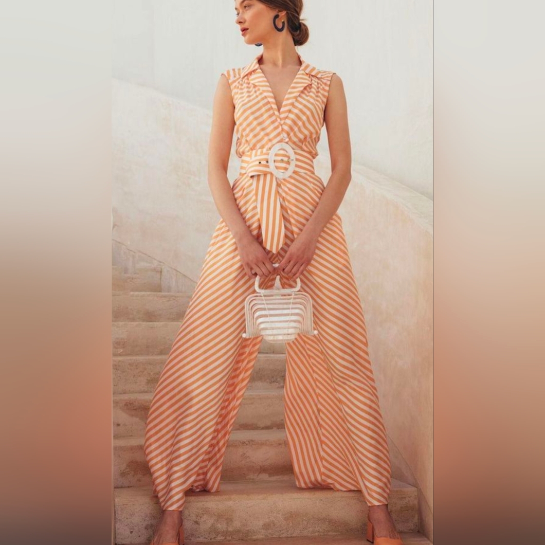 Cult Gaia Peach And White Striped Wide-Leg Jumpsuit With White Mini Bag